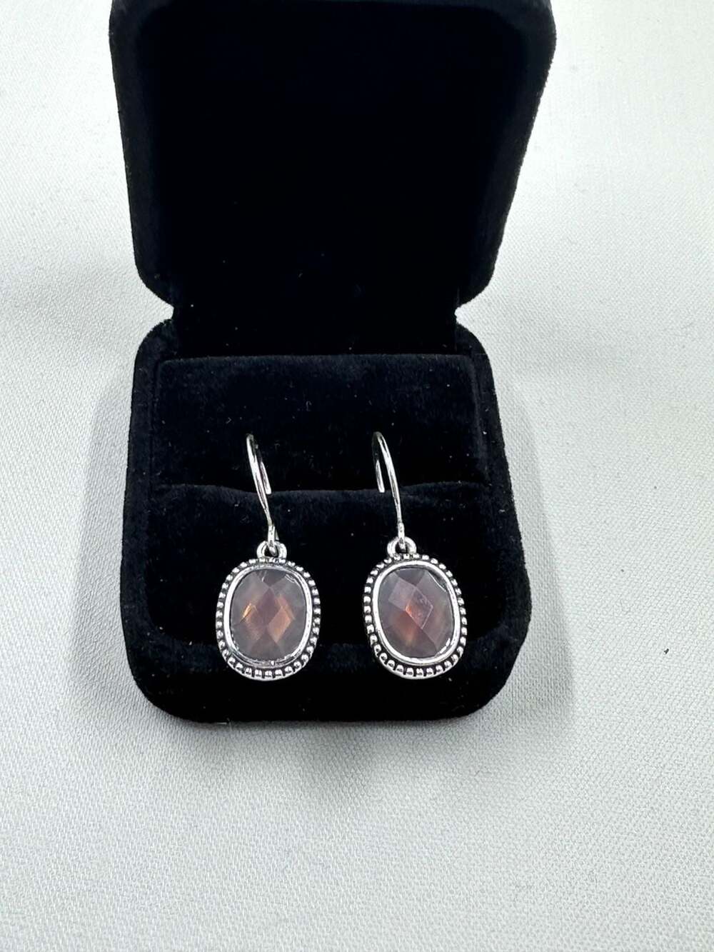 Napier Silver-Tone Beaded Edge Oval Faceted Stone Dangle Earrings